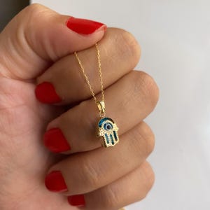 14k Solid Gold Hamsa Hand Necklace: Blue Evil Eye Fatima Pendant