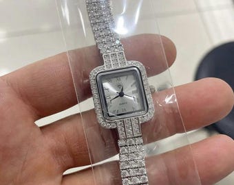 925 Sterling Silver Women’s Luxury Watch, CZ Diamond Bridal Bracelet Watch, Vintage Oval Quartz Watch, Elegant Gift for Her
