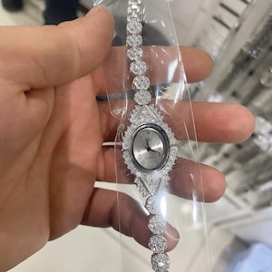 925 Sterling Silver Women’s Luxury Watch, CZ Diamond Bridal Bracelet Watch, Vintage Oval Quartz Watch, Elegant Gift for Her