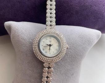 925 Sterling Silver Women’s Luxury Watch, CZ Diamond Bridal Bracelet Watch, Vintage Oval Quartz Watch, Elegant Gift for Her