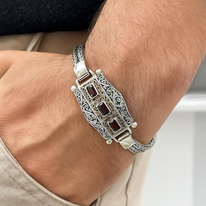 Men&#39;s Sterling Silver Garnet Bracelet: Vintage Ottoman Style
