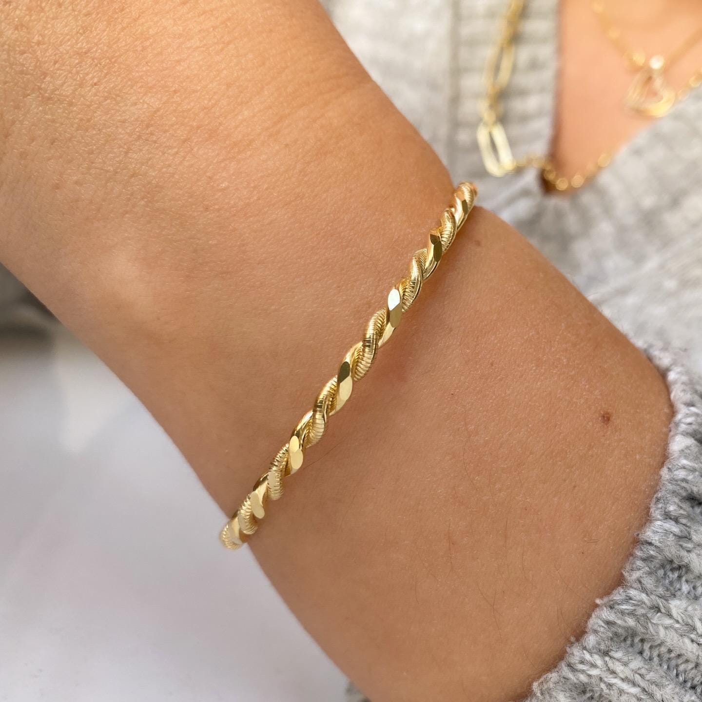 925 Sterling Silver Twisted Bangle Bracelet: Twisted Charm, Gold