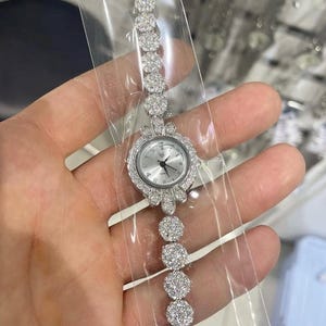 Luxury Zircon Women’s Bracelet Watch, Elegant Silver Quartz Watch, Sparkly Roman Numeral Wristwatch, Crystal Bridal Watch,Gift For Her