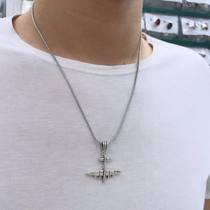 925 Sterling Silver Airplane Pendant Necklace for Men, Aviation Jewelry, Pilot Gift, Unique Vintage Aircraft Charm, Masculine Silver Chain
