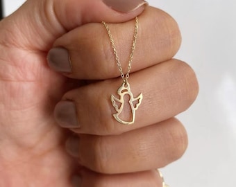 14k Solid Gold Angel Charm Necklace: Minimalist Guardian Jewelry