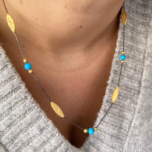 Blue Turquoise Gold Natural Stone Necklace,Blue Turquoise Silver Chain,Turquoise Necklace, Turquoise Bead Necklace,Gift for Her,Gift Mother