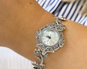 Sterling Silver Marcasite Flower Watch: Vintage Style Quartz Bracelet, Custom Design Watch, Women Silver Watch, Christmas Gift
