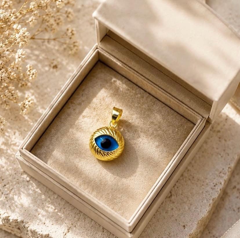 14K Solid Gold Evil Eye Pendant: Minimalist Protection Amulet Necklace, Gift For Her, Christmas Gift, Anniversary Gift