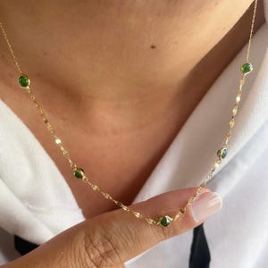14K Solid Gold Green Stone Necklace,Dainty Chain Necklace with Emerald Color Beads,Minimalist Gold Necklace,Layering Jewelry Gift For Her