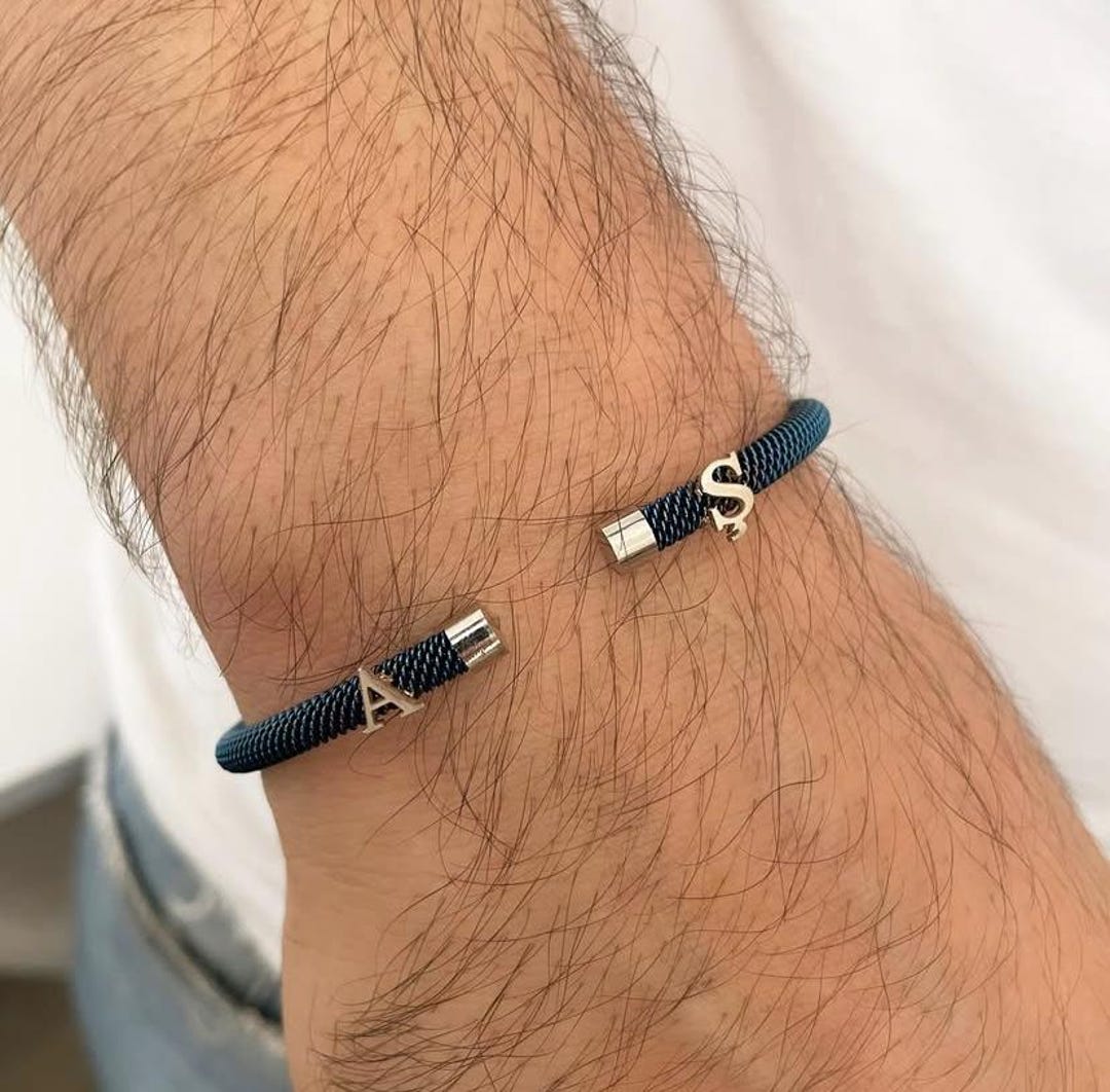 14 K Gold Letters Personalized Men Steel Blue Bracelet•gift for Her ...
