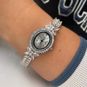 925 Sterling Silver Women’s Luxury Watch, CZ Diamond Bridal Bracelet Watch, Vintage Oval Quartz Watch, Elegant Gift for Her,Christmas Gift