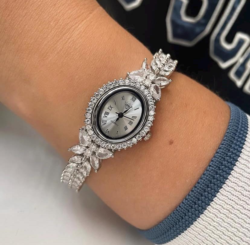 925 Sterling Silver Women’s Luxury Watch, CZ Diamond Bridal Bracelet Watch, Vintage Oval Quartz Watch, Elegant Gift for Her,Christmas Gift