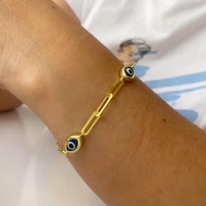 925 Silver Evil Eye Paperclip Bracelet - Dainty Talisman Bead Bracelet