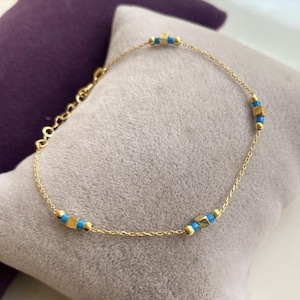 14K Solid Gold Turquoise Beaded Bracelet: Dainty Handmade Jewelry