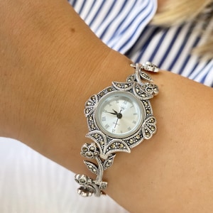 Vintage Style Sterling Silver Women&#39;s Watch,Marcasite Floral Quartz Watch,Elegant Silver Bracelet Watch,Handmade Gift for Her,Elegant Gift