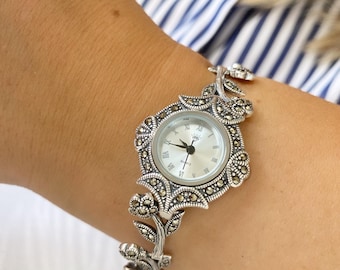 Vintage Style Sterling Silver Women&#39;s Watch,Marcasite Floral Quartz Watch,Elegant Silver Bracelet Watch,Handmade Gift for Her,Elegant Gift
