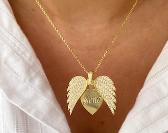 Personalized Sterling Silver Angel Wings Necklace: Engraved Heart Pendant, Cubic Zirconia Jewelry, Mother’s Day Gift, Gift For Her