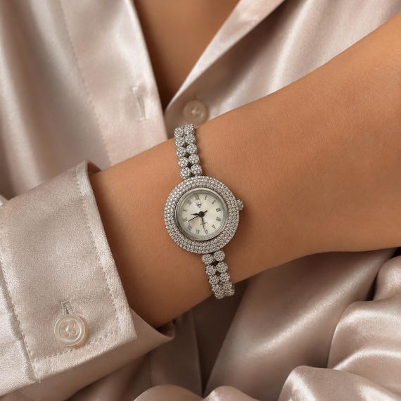 silver ladies dress watches Sterling Cubic Zirconia Watch: Vintage Quartz Bracelet, Anniversary Gift light green halter maxi dress