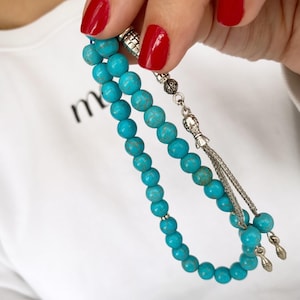 Handgefertigte Türkis-Stein-Gebetskette für Männer, Islamische Tasbih Misbaha, Blaue Rosenkranzperlen mit Metallabstandhaltern, Muslimisches Geschenk für Ihn