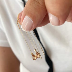 14K Solid Gold Citrine Threader Earrings: Dainty Teardrop Gemstone Jewelry