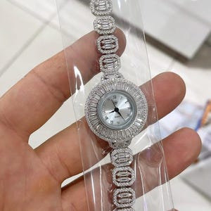 925 Sterling Silver Women’s Luxury Watch, CZ Diamond Bridal Bracelet Watch, Vintage Oval Quartz Watch, Elegant Gift for Her