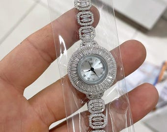 925 Sterling Silver Women’s Luxury Watch, CZ Diamond Bridal Bracelet Watch, Vintage Oval Quartz Watch, Elegant Gift for Her