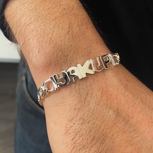 Pulsera de plata de ley con nombre personalizado, pulseras de plata personalizadas para unisex, pulsera de hombre con letra de nombre hecha a mano, regalo para él, regalos de cumpleaños