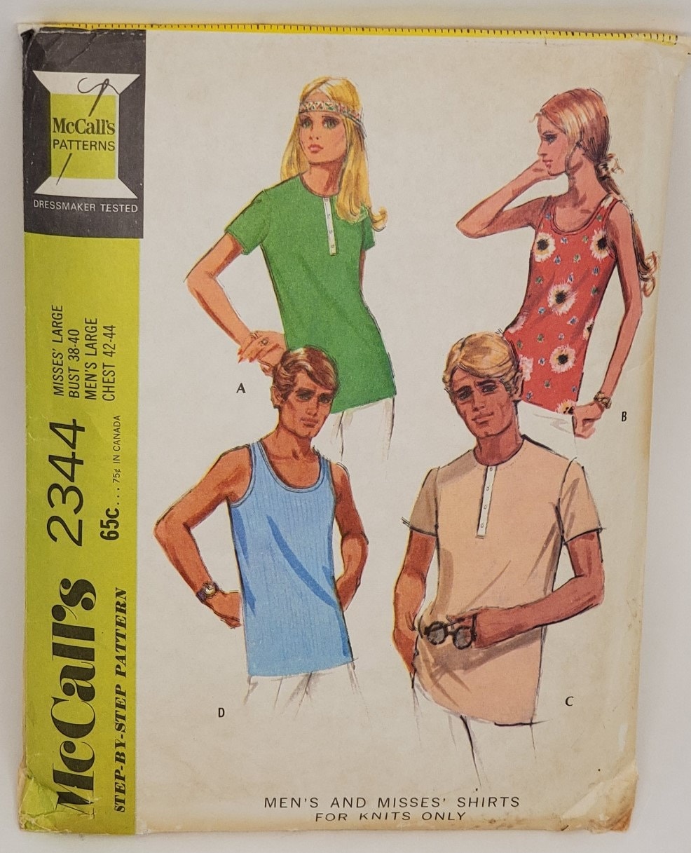 Vintage Mccall's 2344 Misses' Large Bust 38-40, Men's Large Chest 42-44  Knit Shirts and Tank Tops 