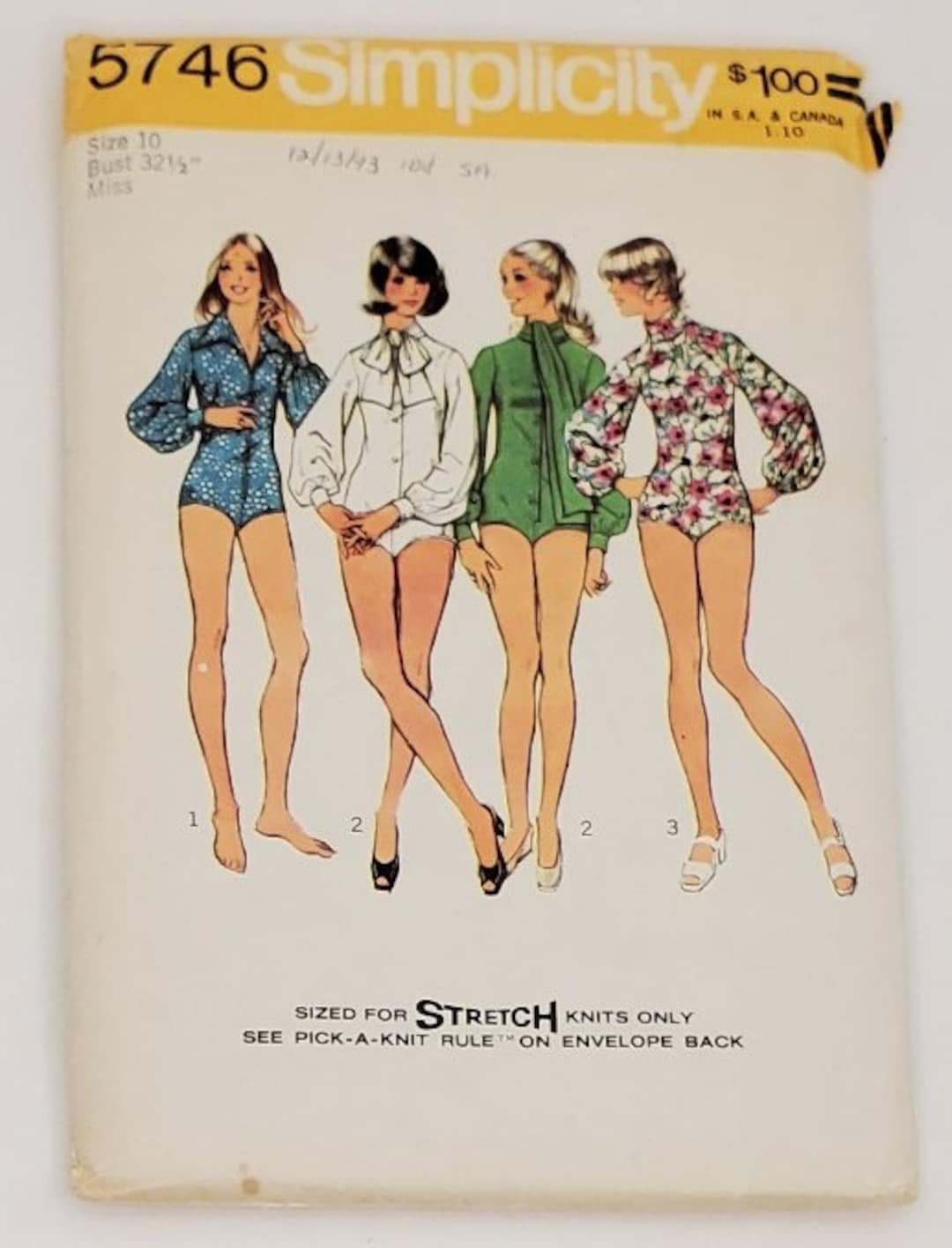 Vintage Simplicity 5746 Knit Bodysuits Misses' Size 10, Bust Vintage Simplicity 5746 Knit Bodysuits Misses' Size 10, Bust