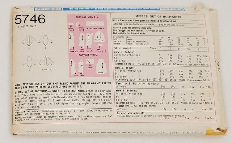 Vintage Simplicity 5746 Knit Bodysuits Misses' Size 10, Bust Vintage Simplicity 5746 Knit Bodysuits Misses' Size 10, Bust