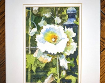 Flowers,  Hollyhocks, White Hollyhock, White Flowers, yellow, Green background, Watercolor original,