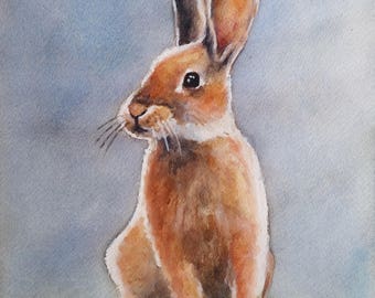 Easter Bunny, 5x7, small painting, WATERCOLOR painting, blue and brown, nursery, child's room, green grass, small painting
