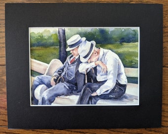 Watercolor painting, Two men sleeping, fathers day, Grandpa, black mat, men in white shirts, napping men, men in hats, men on park bench