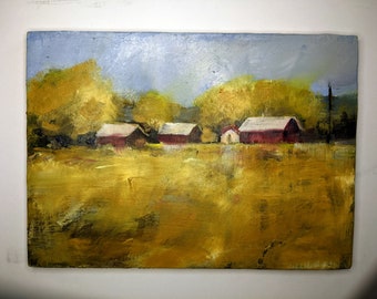 Autumn Farm, Oil painting, golden wheat, red buildings, Oil on board, white roof,blue sky, Spring City Farm, Out Buildings