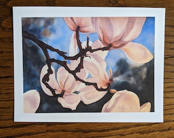 Magnolias, Teal and white, dramatic art, watercolor print of large watercolor, small prints, 8 X 10, 5 X 7