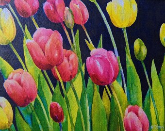 Red and yellow tulips, canvas print, unframed, Matted with backing, 8' X 10" print, bright colorful tulips