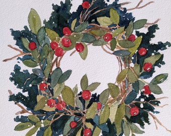 Watercolor wreath, green wreath, red berries, green leaves, everyday wreaths,