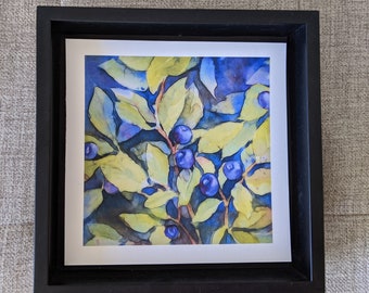 Huckleberries, Montana, purple berries, Purple, Blue, Green leaves, found in Oregon, Idaho and Montana, stylized Print, 5"X5" Print