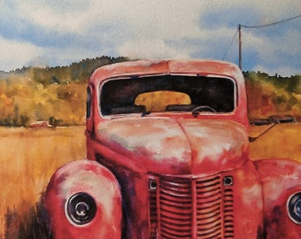 Rusty Red Truck, old truck,  Landscape, Wheat fields, Blue Sky, Wyoming Landscapes, billowing clouds