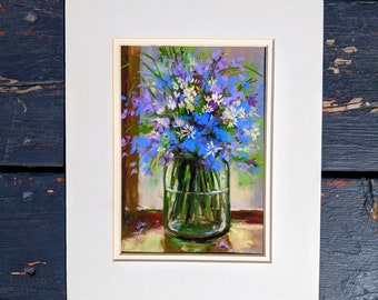 Blue flowers and daisies, Purple flowers, White daisies, mason jar, pastel painting, small prints, white matting, cut flowers in water