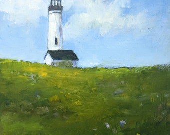 Oregon Light house, purple flowers, trail, yellow flowers, white lighthouse, blue sky, hill, oil painting on board, Artist Terry Moss, cloud