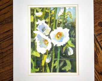 Hollyhocks ll, White flowers, white matting, wplastic cover, companion painting, White Hollyhocks, 5X7 image, 8X10 mat,