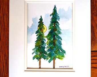 Two Pine trees, Sun, trees, green pines, watercolor and ink, white Matting, 8 X 10 size, Sun, two pines, simple pine trees,