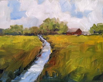 Oil painting, River runs through it, Blue sky, clouds, red house, barn, golden wheat, irrigation river,