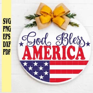 Porta d'ingresso rotonda "Dio benedica l'America", design patriottico con stelle e strisce, in formato SVG, PNG, EPS, DXF, PDF, sublimazione/Targa per porta del Giorno dell'Indipendenza/4 luglio