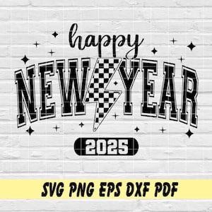 Rétro Happy New Year 2025 avec damier Lightning Bolt svg png eps dxf pdf sublimation/Nouvel an 2025 svg png/2025 Nouvel an/NYE Nouvel an ev