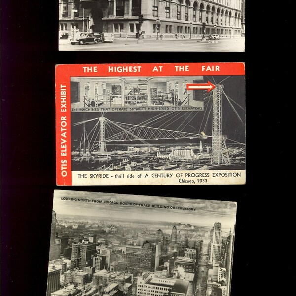 3 1930s Chicago Postcards Stamp RPPC Real Photograph Century of Progress City Skyline Library