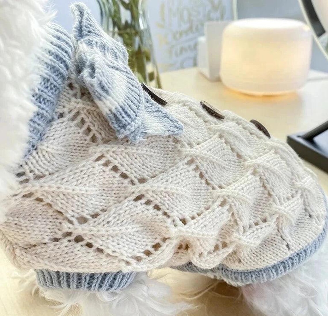 Casual Blue V Neck Little Dog Bow Knit Sweater Spring