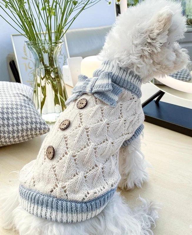 Casual Blue V Neck Little Dog Bow Knit Sweater Spring main image 1