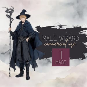 May include: A male wizard character illustration with a pointed black hat, a long black robe, and a staff. The background is a watercolor wash of gray and white.